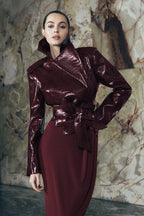 Lara -> Croc Faux Leather Cropped Jacket - Burgundy