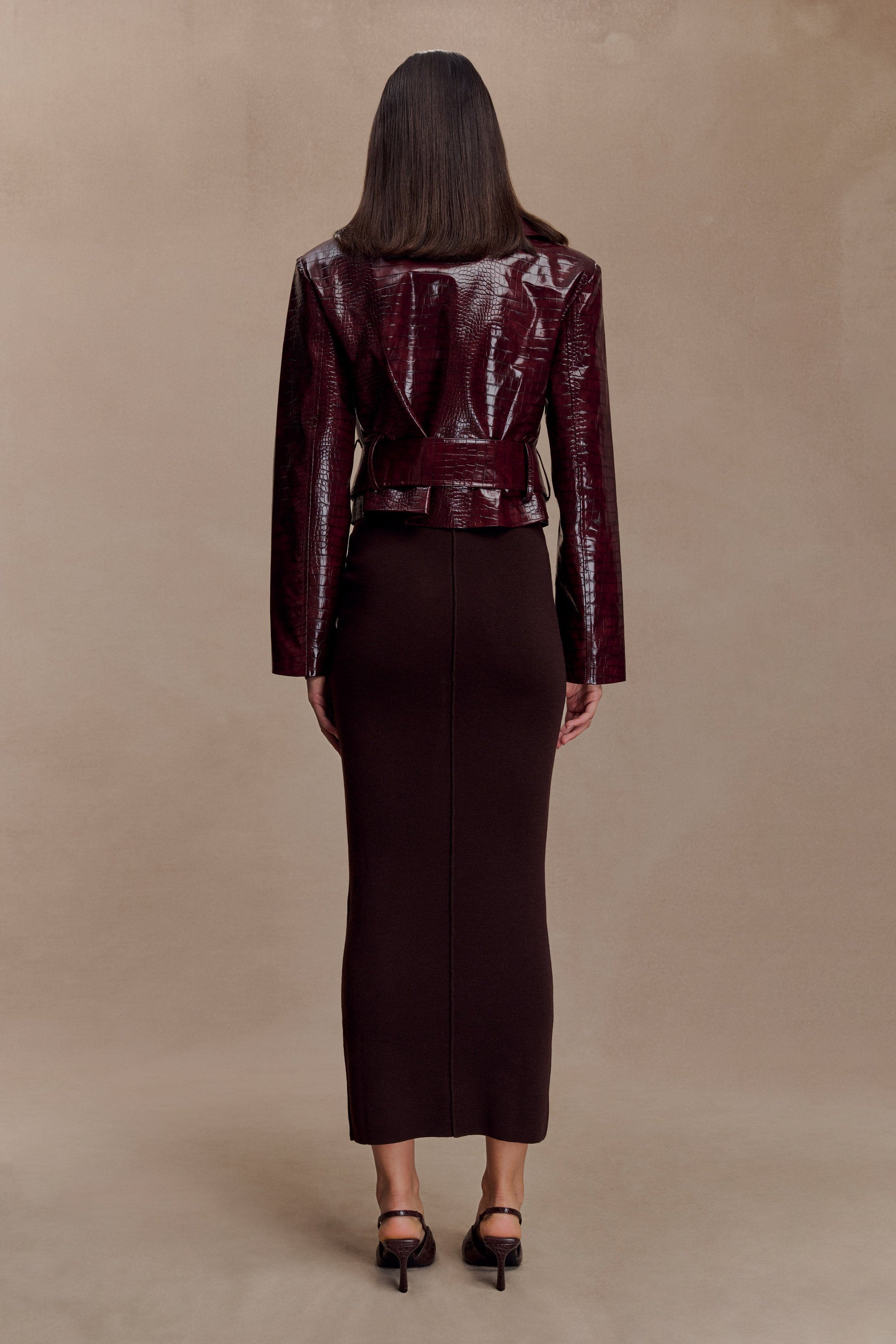 Lara -> Croc Faux Leather Cropped Jacket - Burgundy