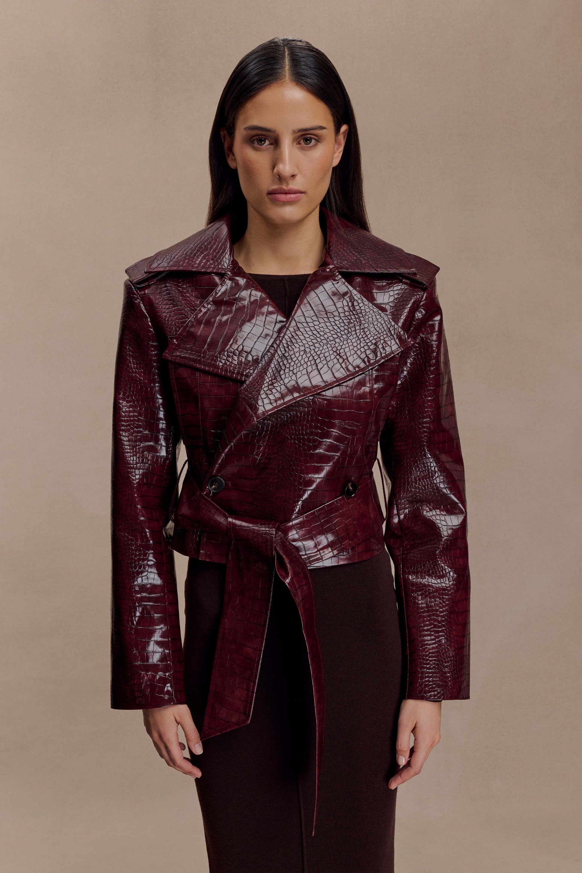 Lara -> Croc Faux Leather Cropped Jacket - Burgundy