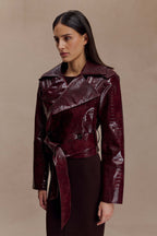 Lara -> Croc Faux Leather Cropped Jacket - Burgundy