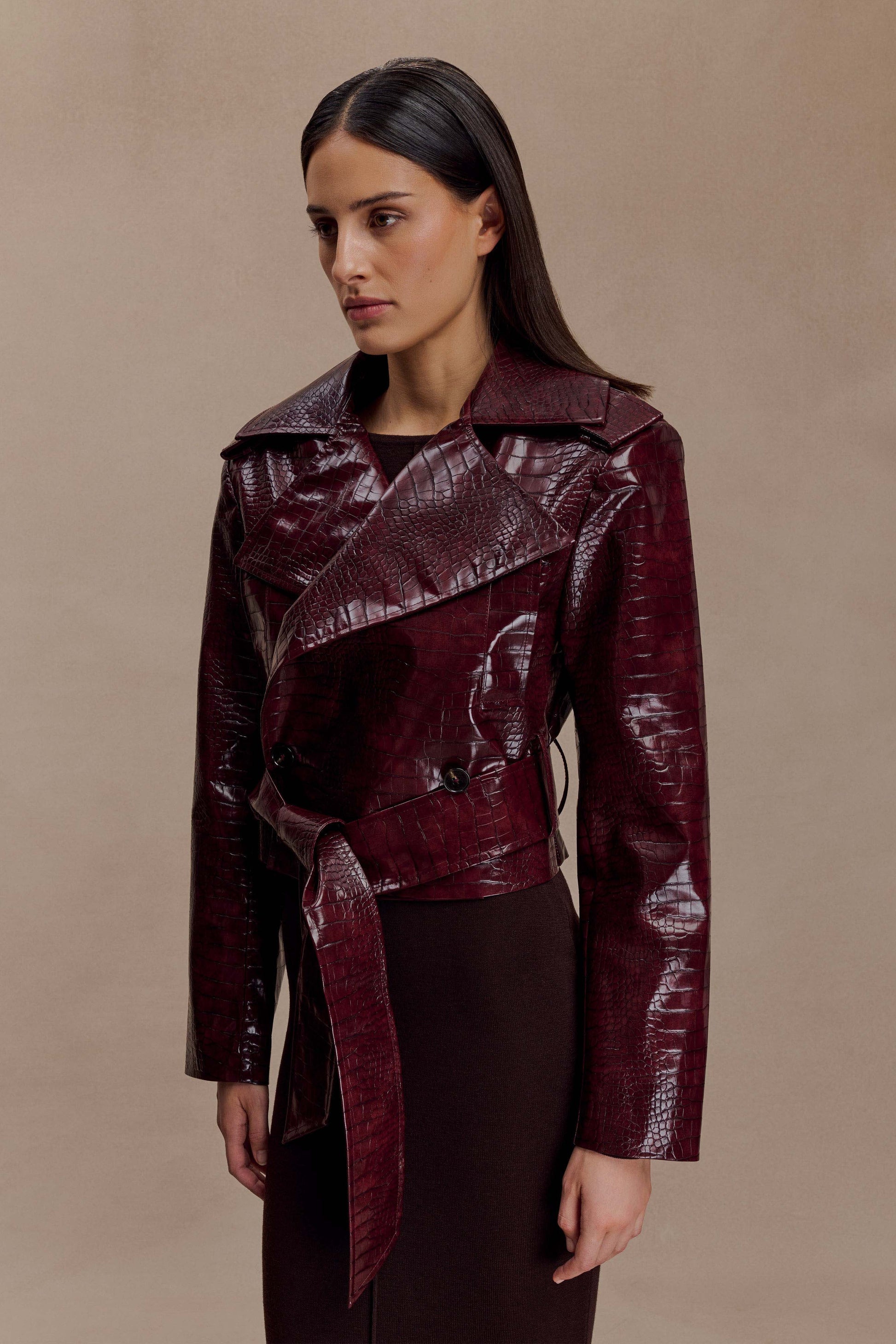 Lara -> Croc Faux Leather Cropped Jacket - Burgundy