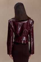 Lara -> Croc Faux Leather Cropped Jacket - Burgundy