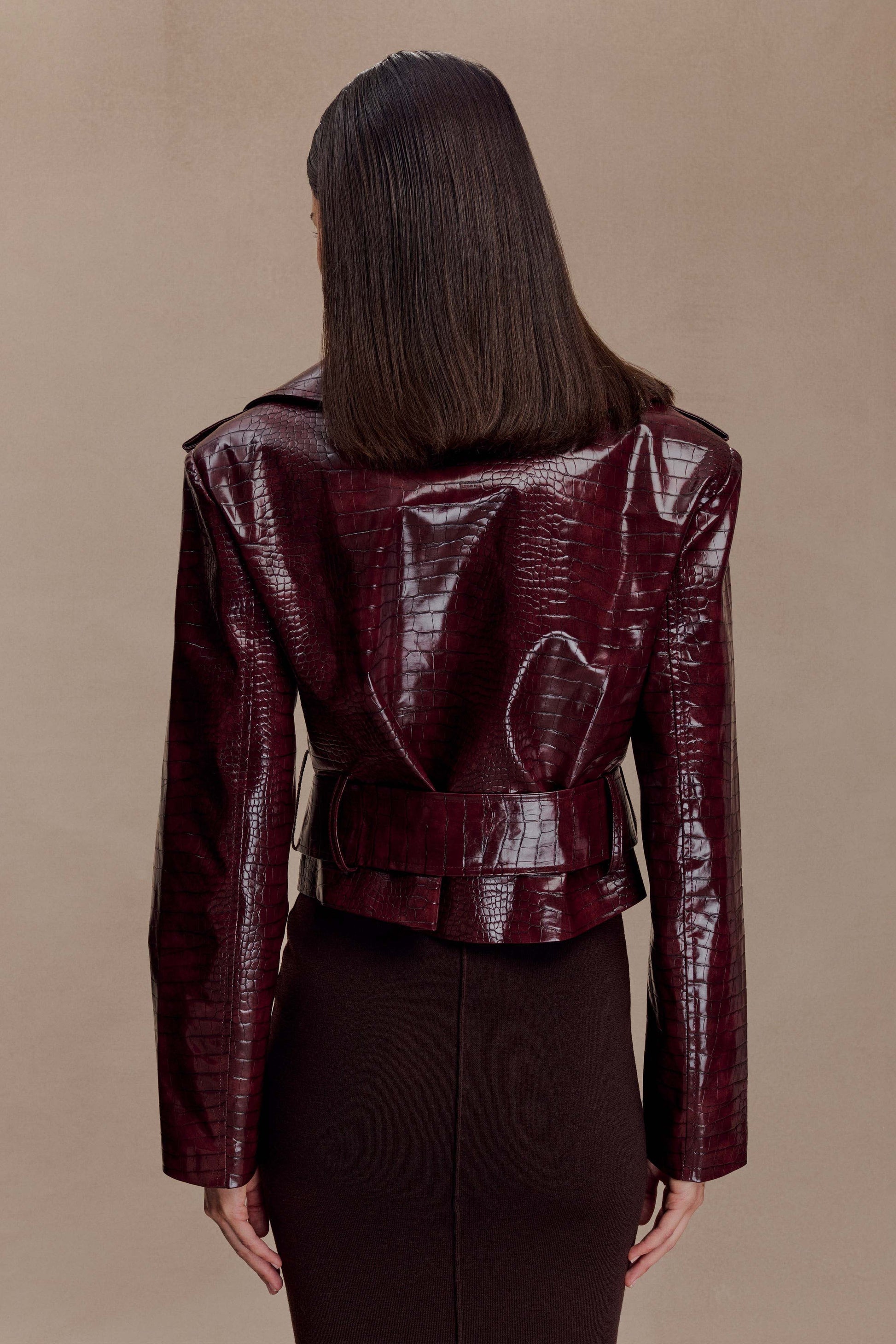 Lara -> Croc Faux Leather Cropped Jacket - Burgundy