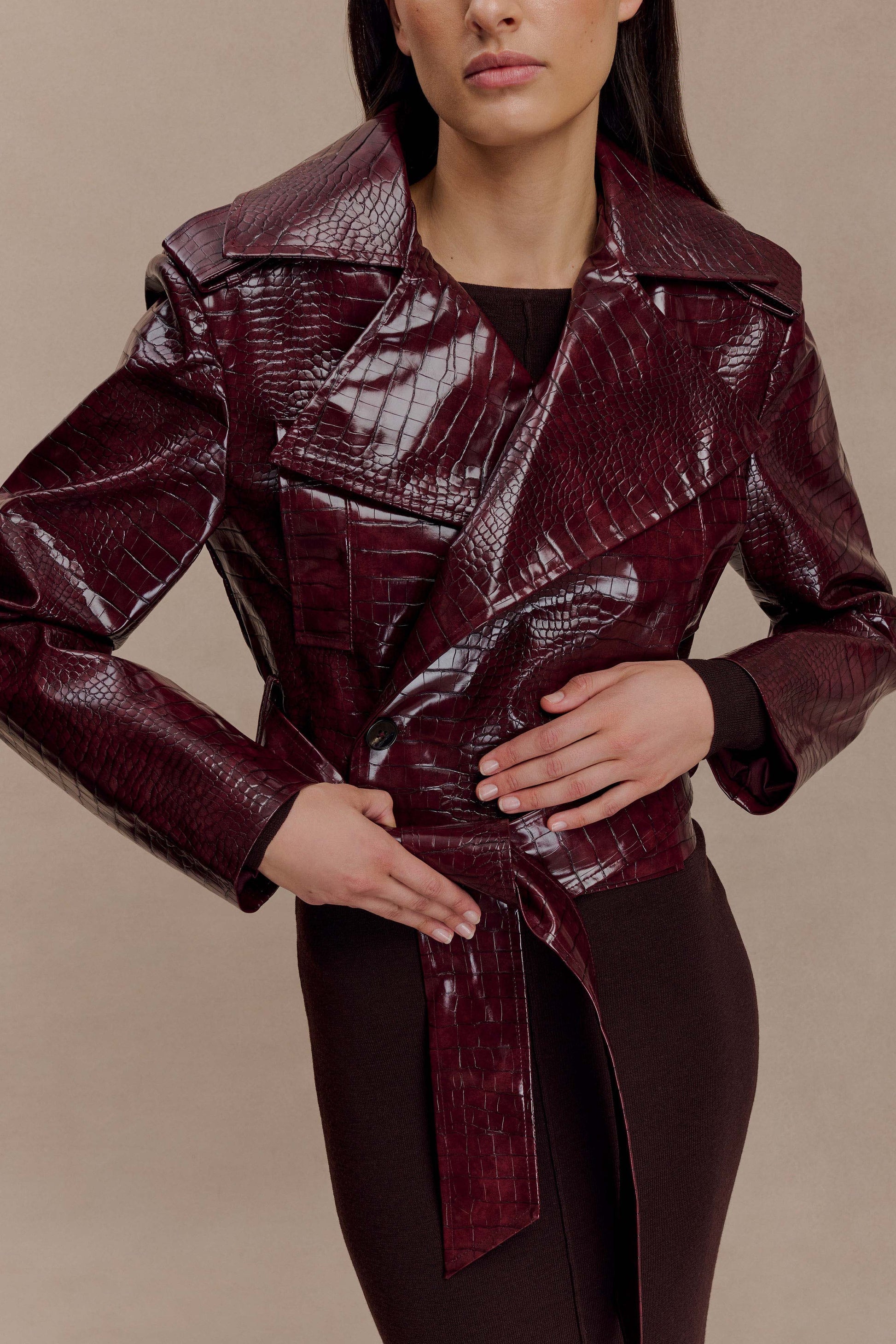 Lara -> Croc Faux Leather Cropped Jacket - Burgundy