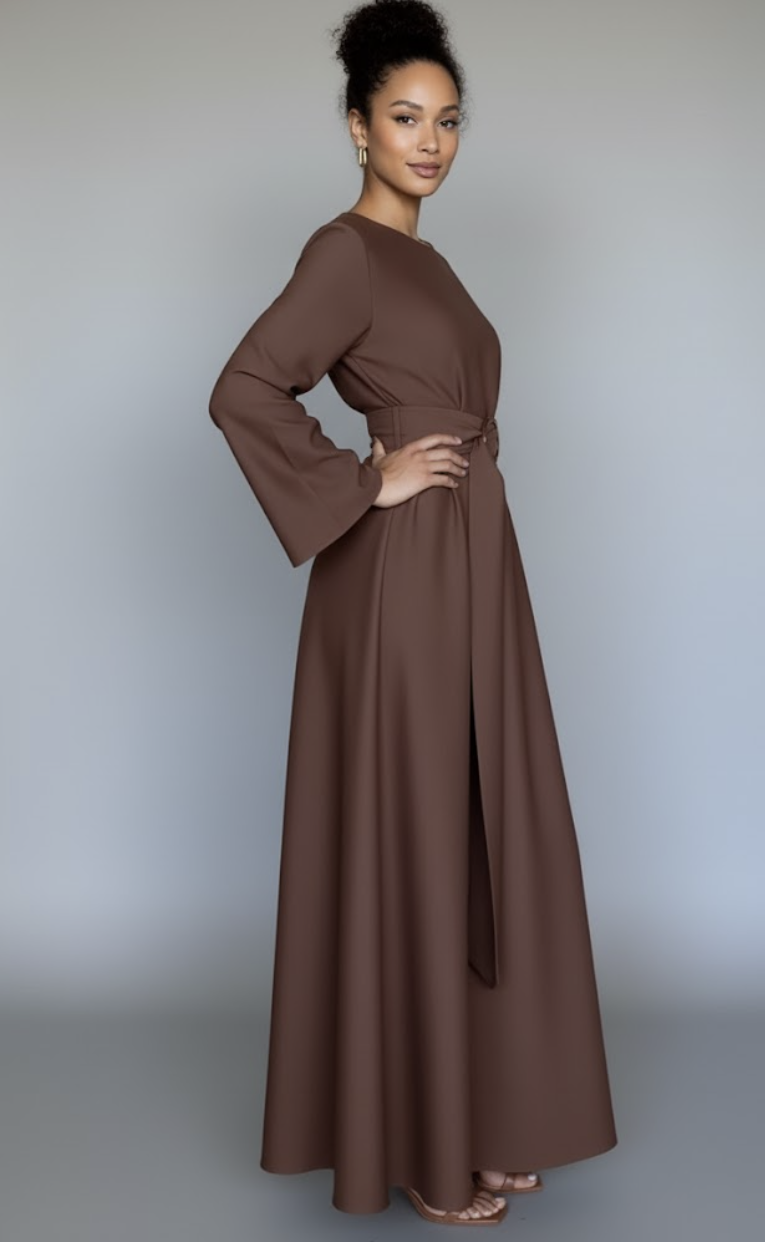 Aurelie Long-Sleeve Waist-Tie Midi Dress