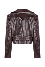 Lara -> Croc Faux Leather Cropped Jacket - Burgundy
