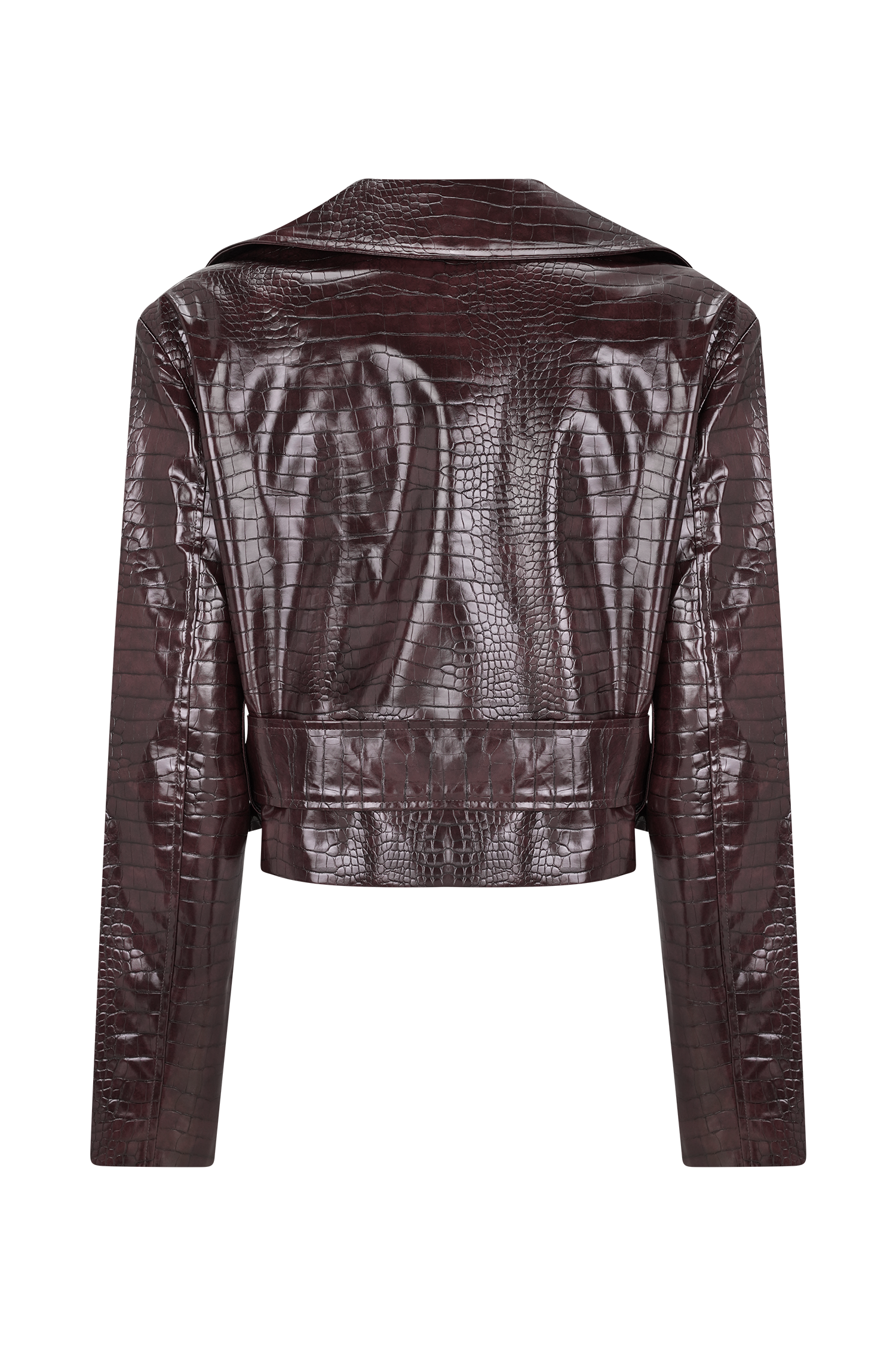 Lara -> Croc Faux Leather Cropped Jacket - Burgundy