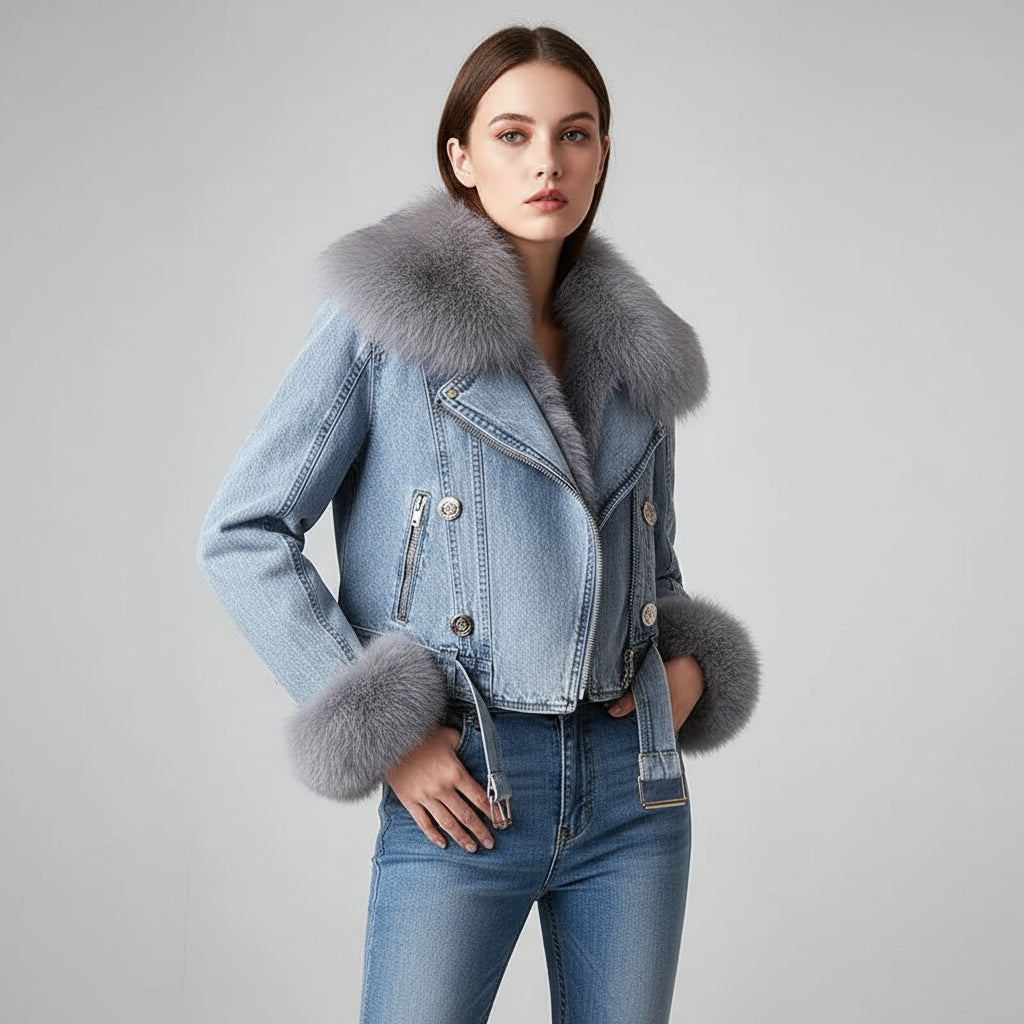 A cropped denim jacket with a plush gray fur collar and matching fur on the cuffs, featuring a modern, button-up design.