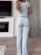 Women's Solid Color Sports Set with Pants and Round-Neck Top