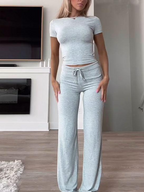 Women's Solid Color Sports Set with Pants and Round-Neck Top